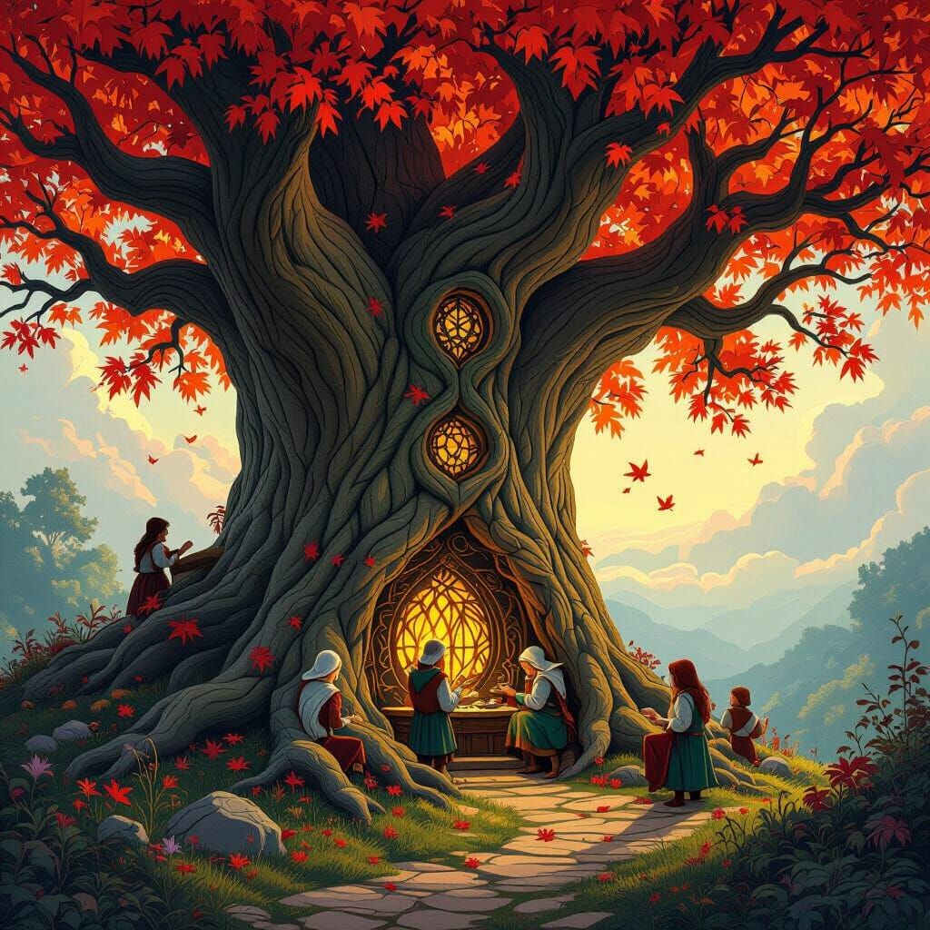 Celtic Village Inside Ancient Tree, Art Nouveau Style