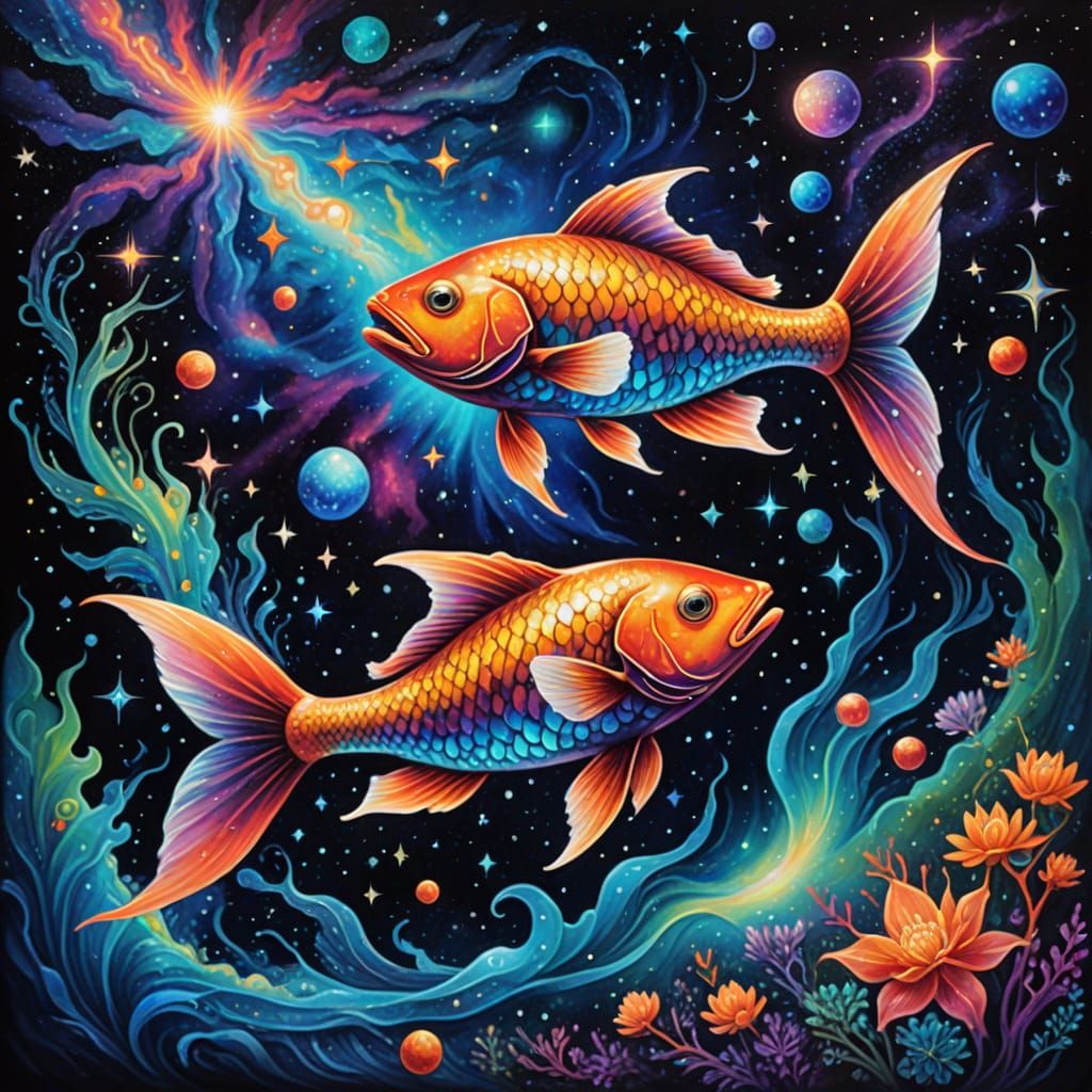 Cosmic Pisces Scene in Vibrant Iridescent Colors