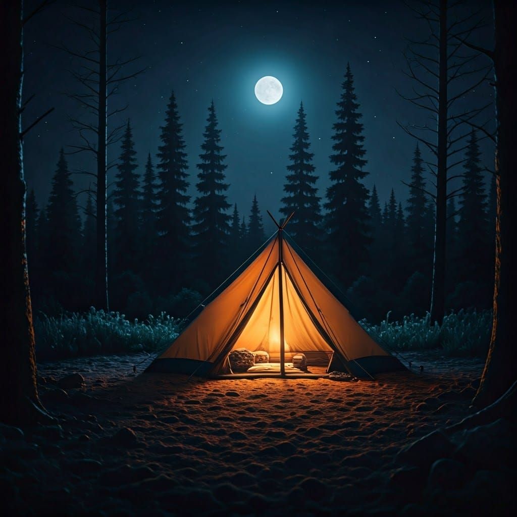 Moonlit Campsite: A Cinematic Film Still