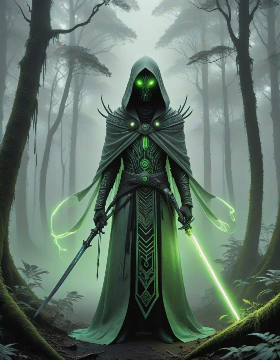 Ethereal Alien Warrior in Foggy Forest