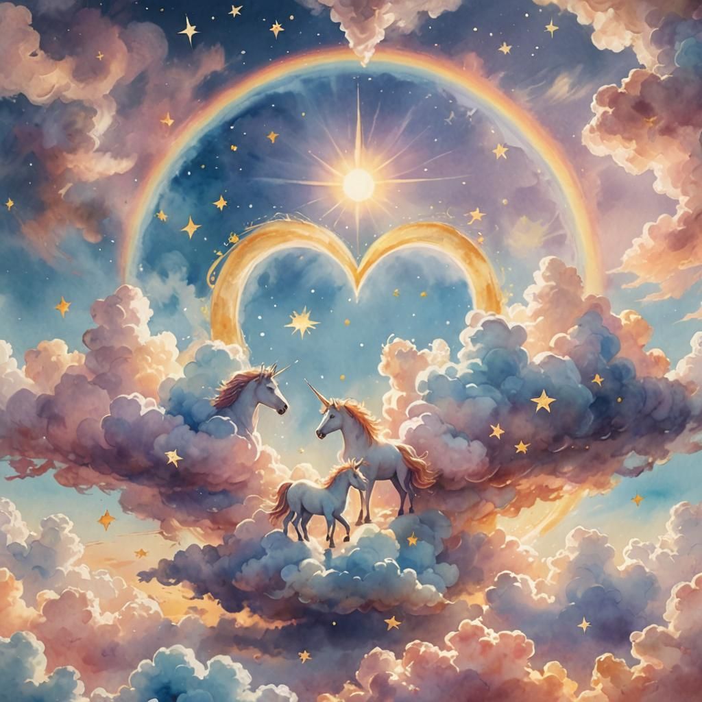 Unicorns in a Watercolor Cloudscape with Heart