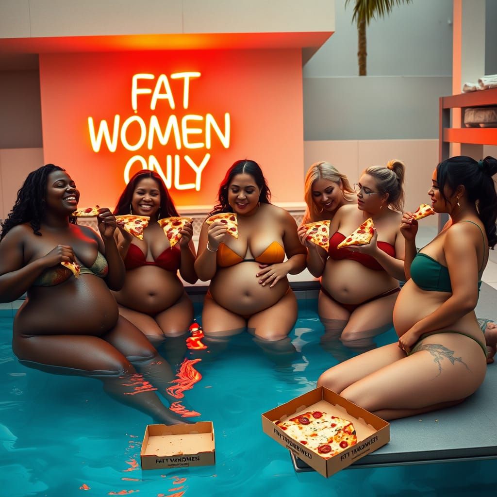 Voluptuous Women Enjoy Pizza in a Luxurious Pool Setting