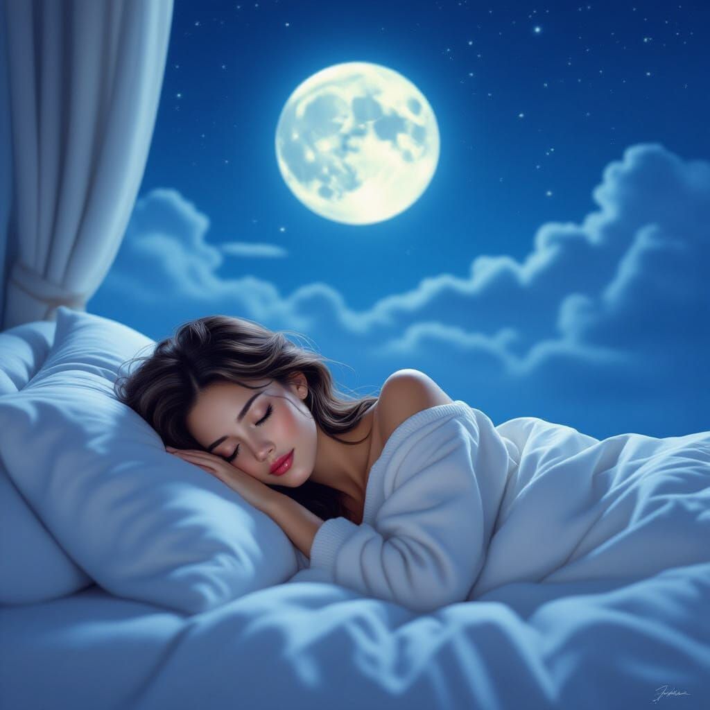 Woman Sleeping Peacefully Under the Moon in Art Nouveau Styl...