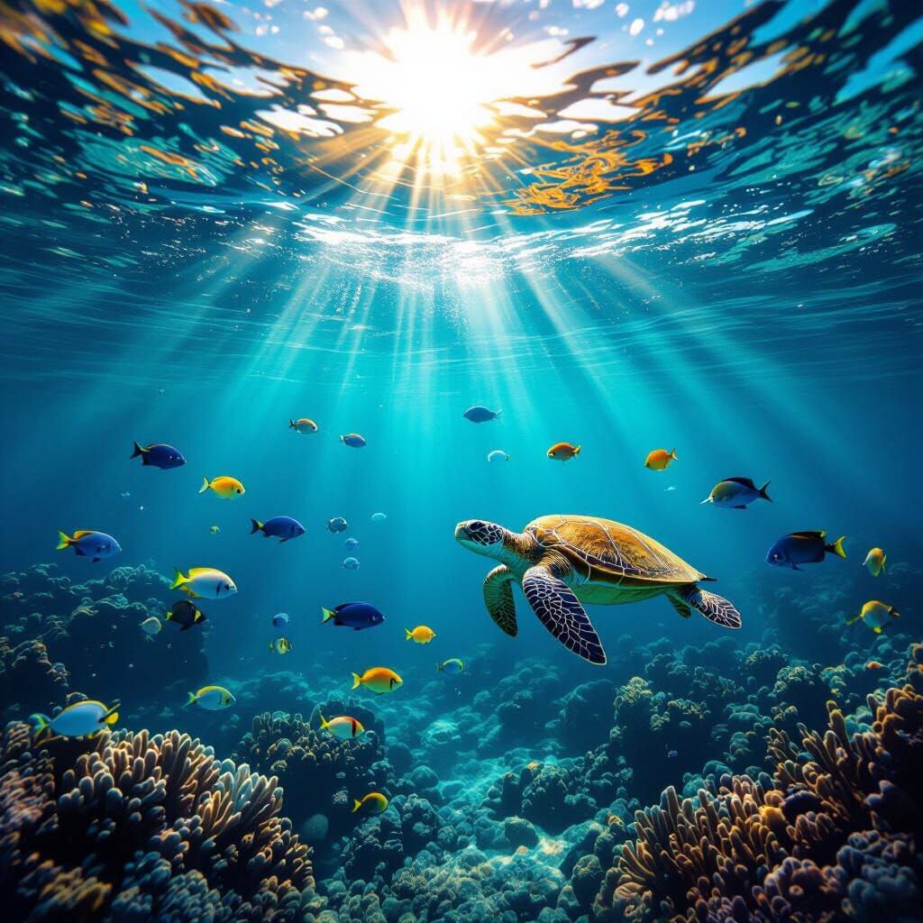Serene Underwater World with Sun Rays and Tropical Fish