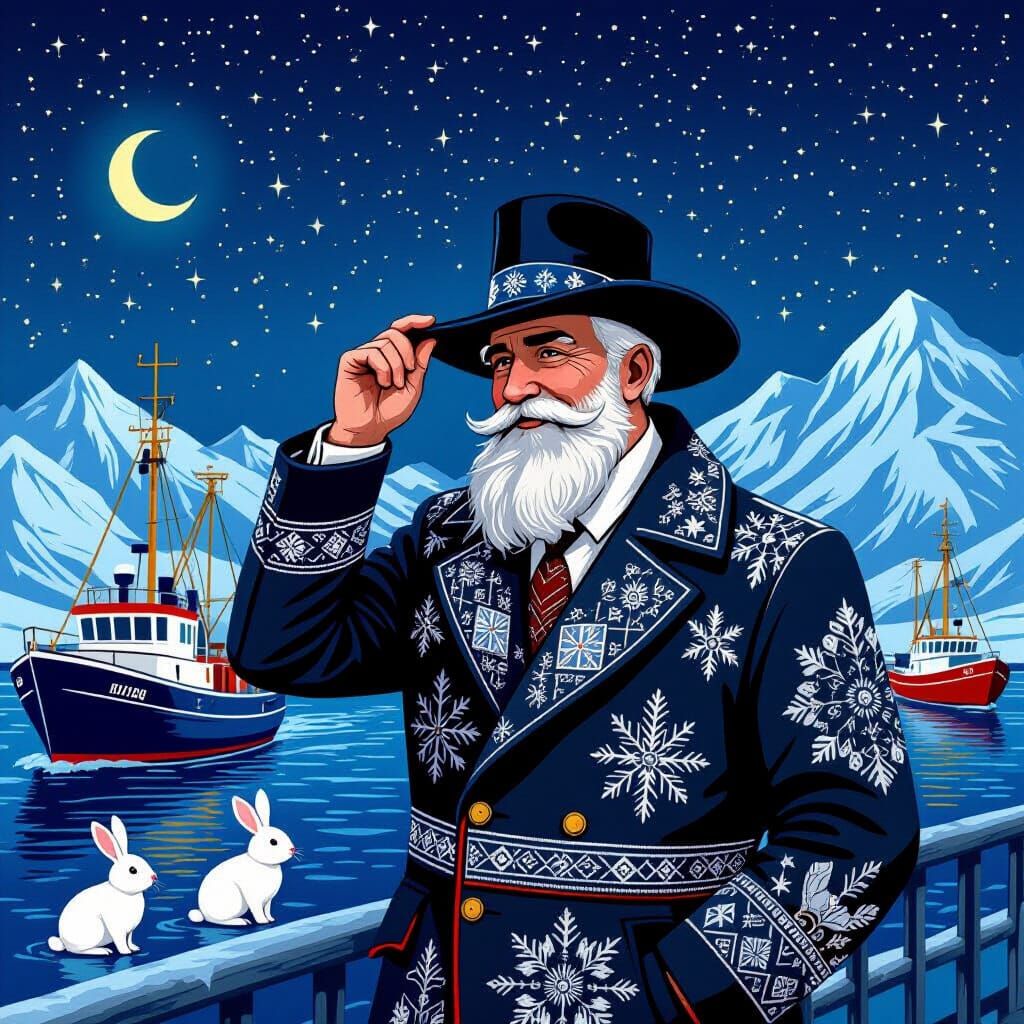 callous free gentleman tipping his hat suited to Arctic fishing boats dot patterns on garments feature intricate details...