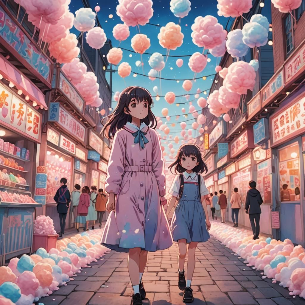 Anime Girl in Cotton Candy Alley, Watercolor Style