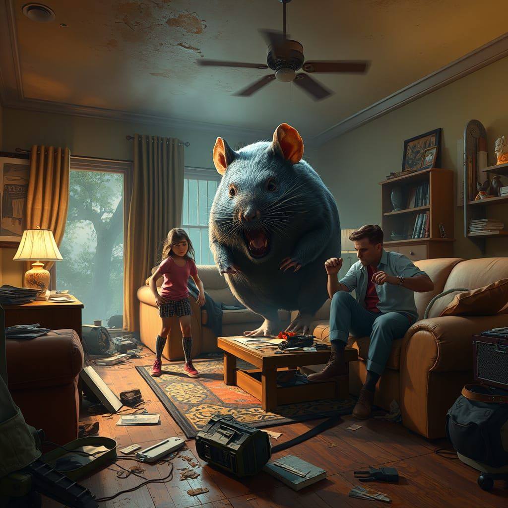 Family vs. Giant Rat in Fantasy Concept Art