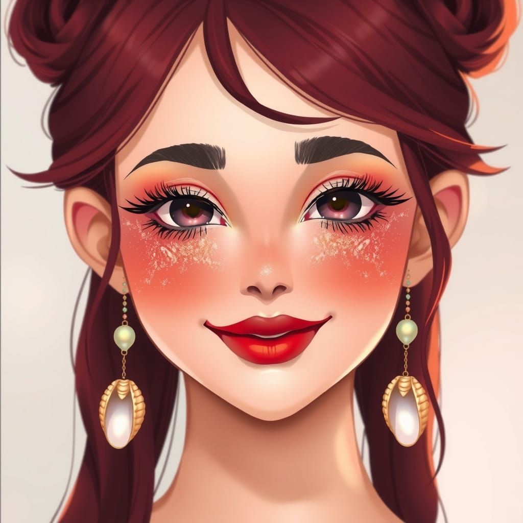 Whimsical Digital Portrait of a Maroon-Haired Woman