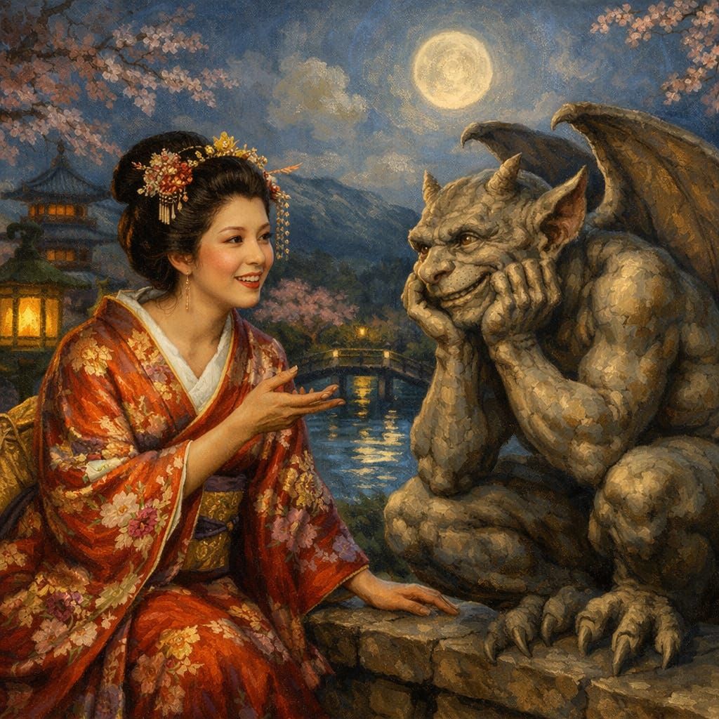 Geisha and Gargoyle in Moonlit Kyoto Garden Oil Painting