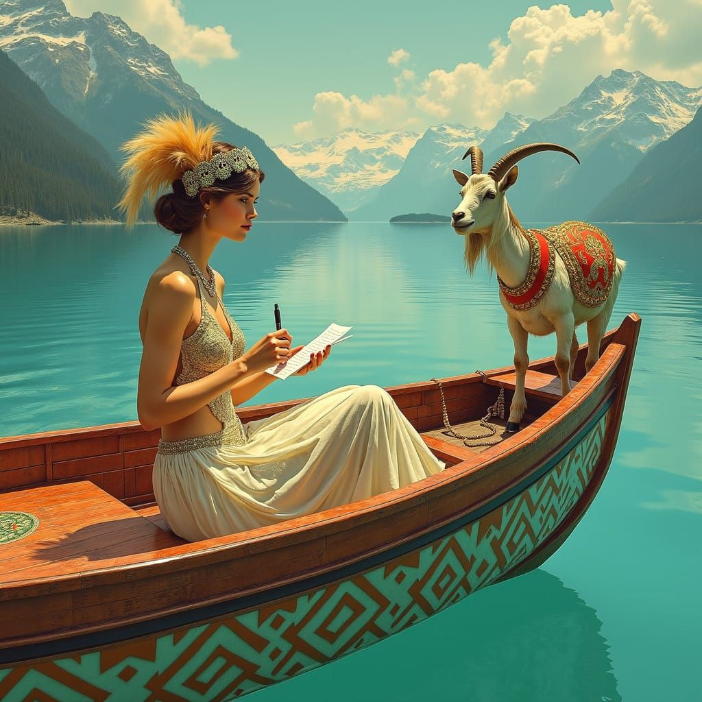 A Flapper Lady Sails a Luxurious Boat on a Turquoise Lake