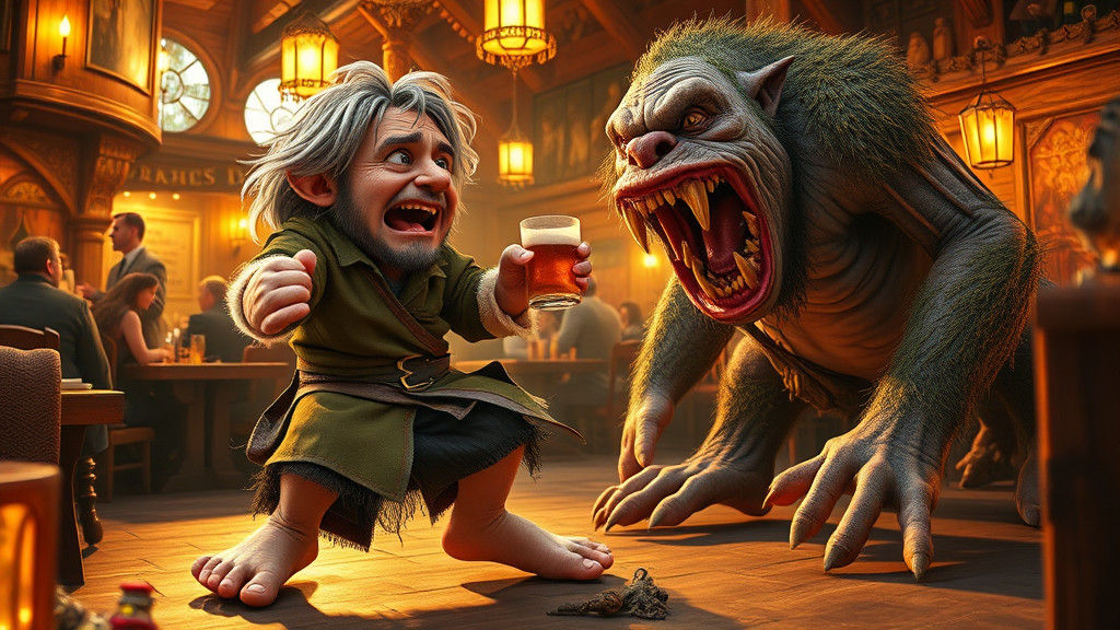 Humorous Hobbit Confronts Troll in Prancing Pony Tavern
