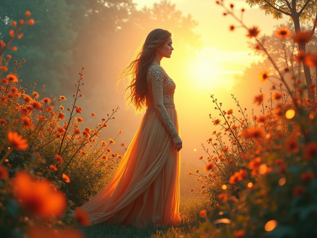 Pre-Raphaelite Woman in Sunset Garden, 8k Concept Art