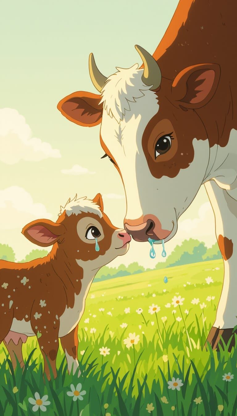Sad Calf Sniffing Mother Cow in Dreamy Style