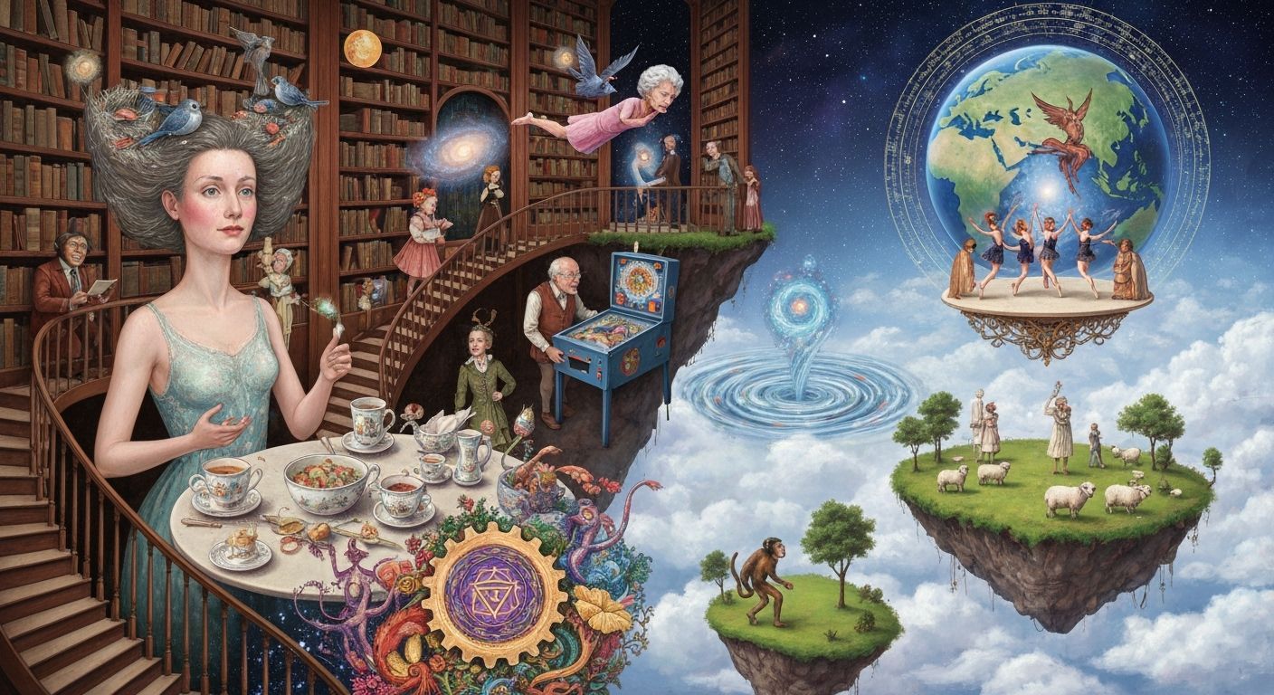 Surreal Tea Party on Floating Island, Maximalist Art