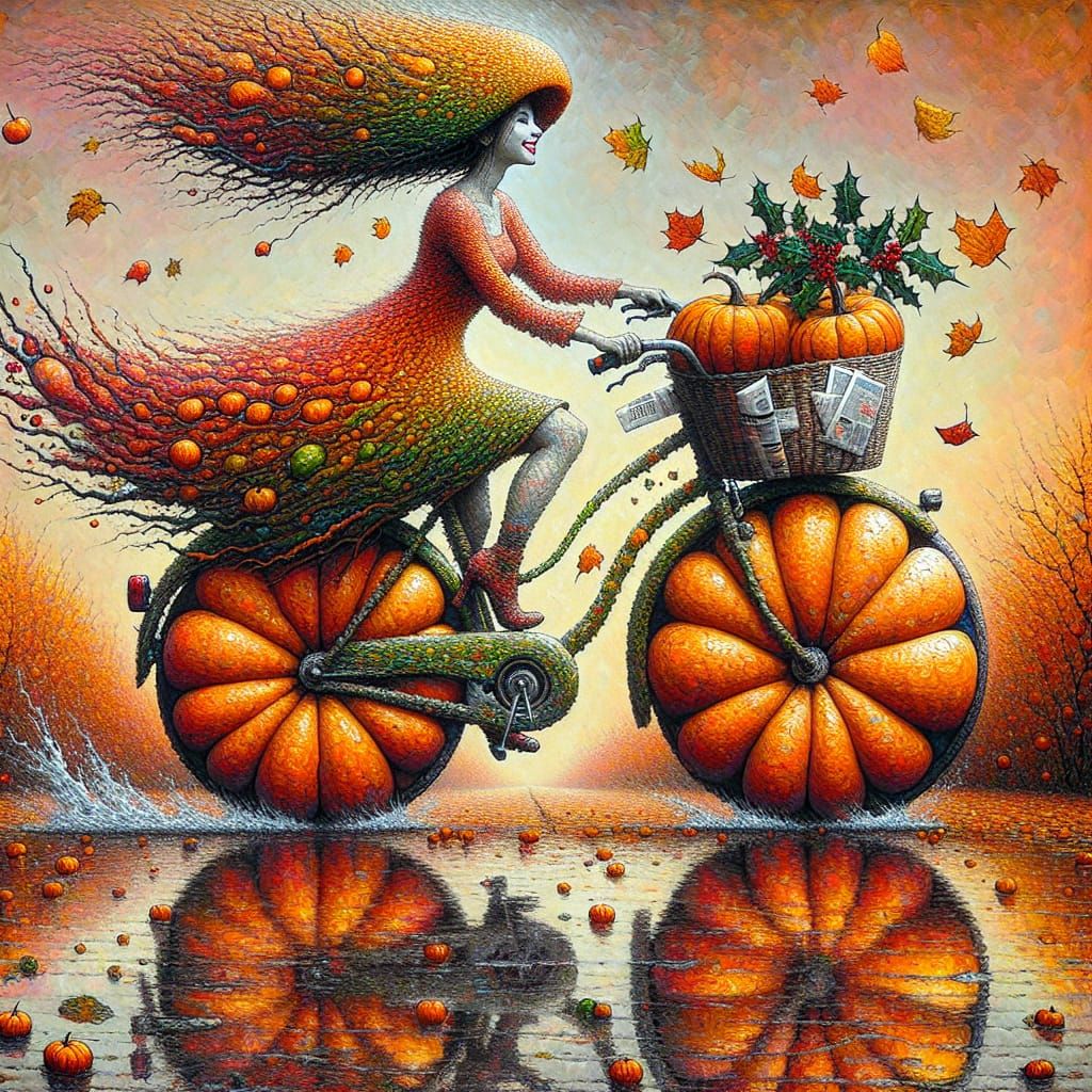Enchantress on Pumpkin Bike, Impasto Autumn Scene