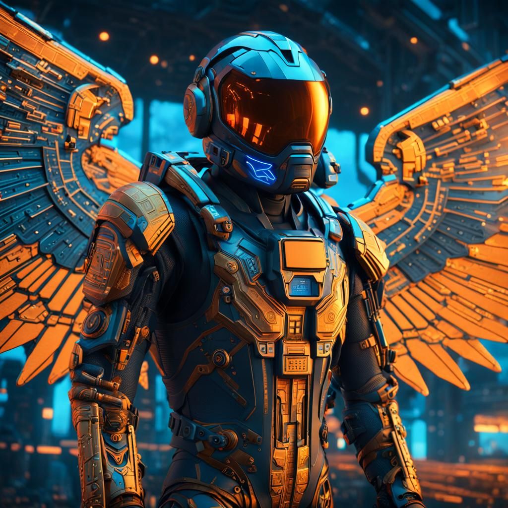 Cyberpunk Hero Soars through Neon Skies in High-Tech Exosuit