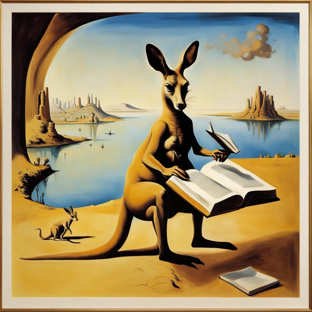 Kangaroo Reading Book in Surrealist Style