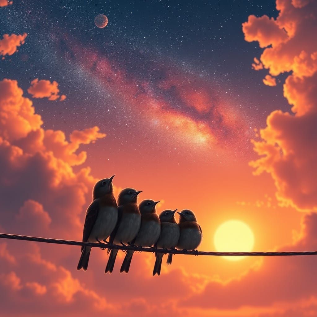 Birds Silhouetted at Sunset Under Starry Galaxy