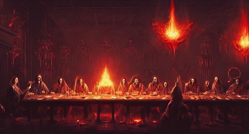 Demonic Magicians' Last Supper in Hellish Landscape