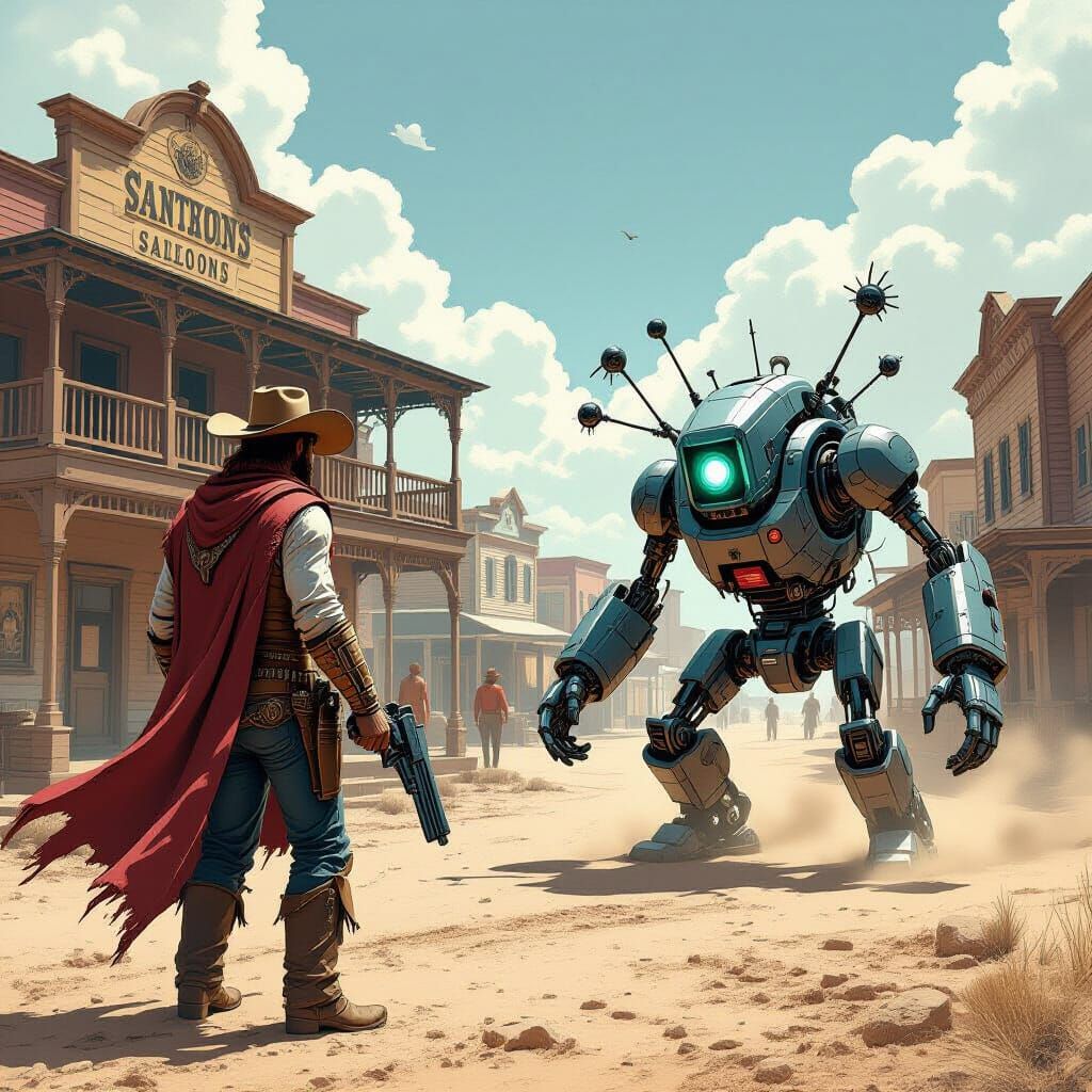 Cybernetic Cowboy Battles Robot Tumbleweed in Dusty Town