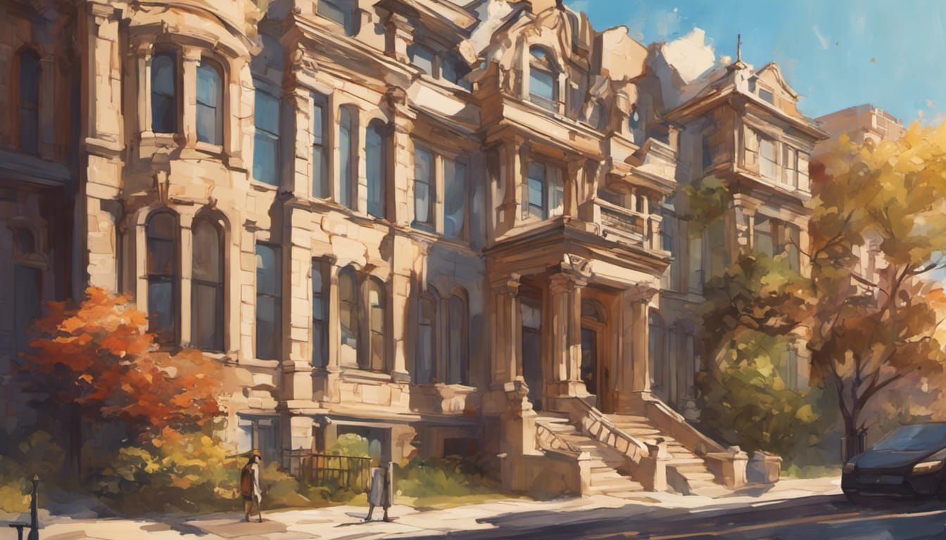 Sandstone Mansion on Summer Street in Hyperrealistic Style