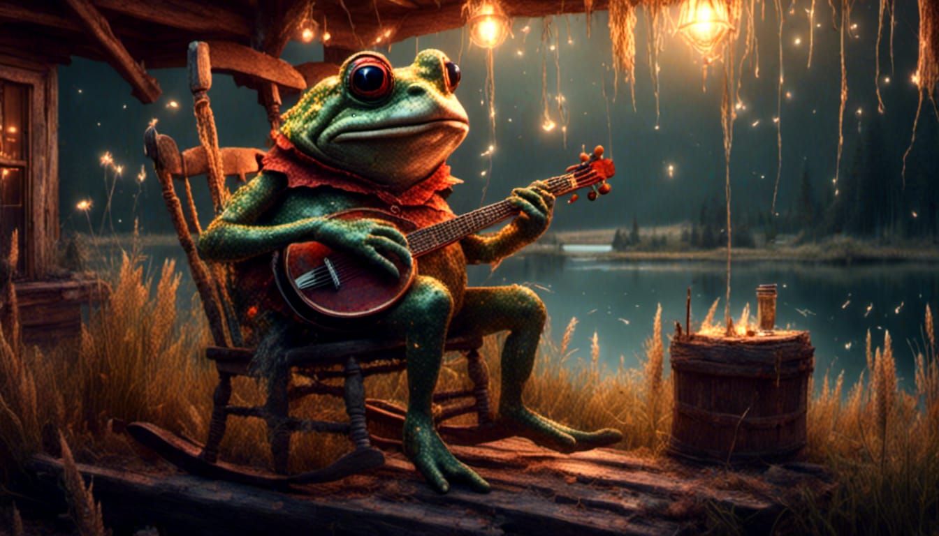 Hyperrealistic Anthropomorphic Toad Playing Banjo on Porch