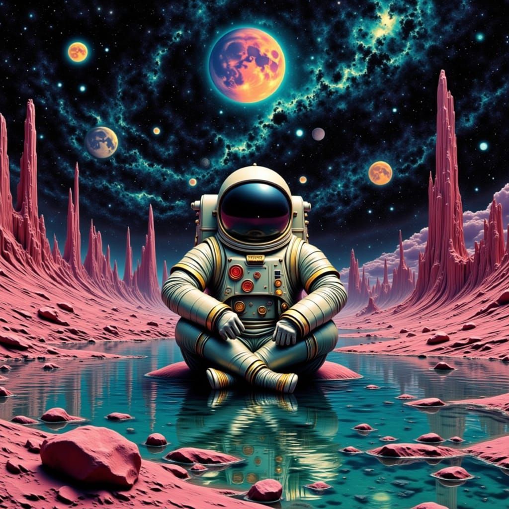 Astronaut on Alien Moon with Crystalline Lake