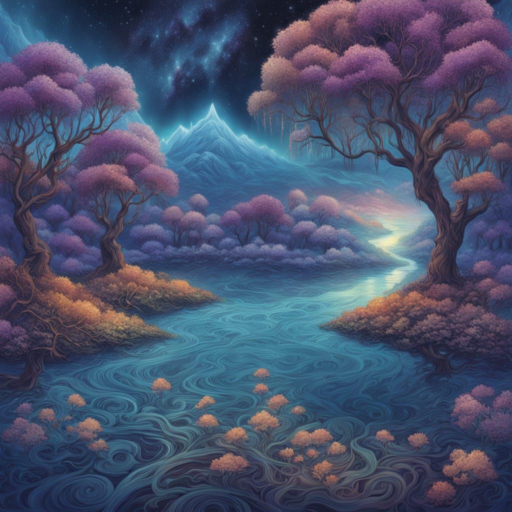 Ethereal River Island with Glowing Willows in Astral Style