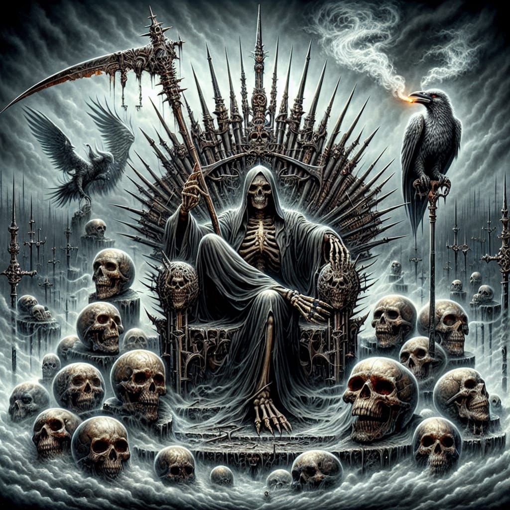 Death on Gothic Throne in Hellish Watercolor Scene