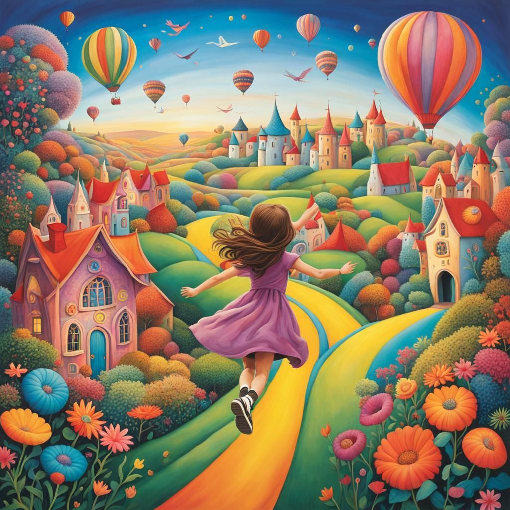 Fairytale Landscape with Running Girl: Coloring Book Illustr...