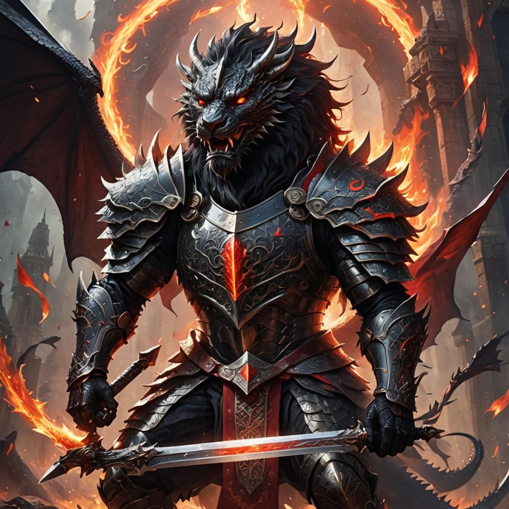 Epic Black Dragon Lion Warrior with Flaming Sword