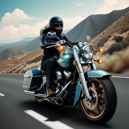 Retro-Futuristic Motorcycle Rider on Winding Road