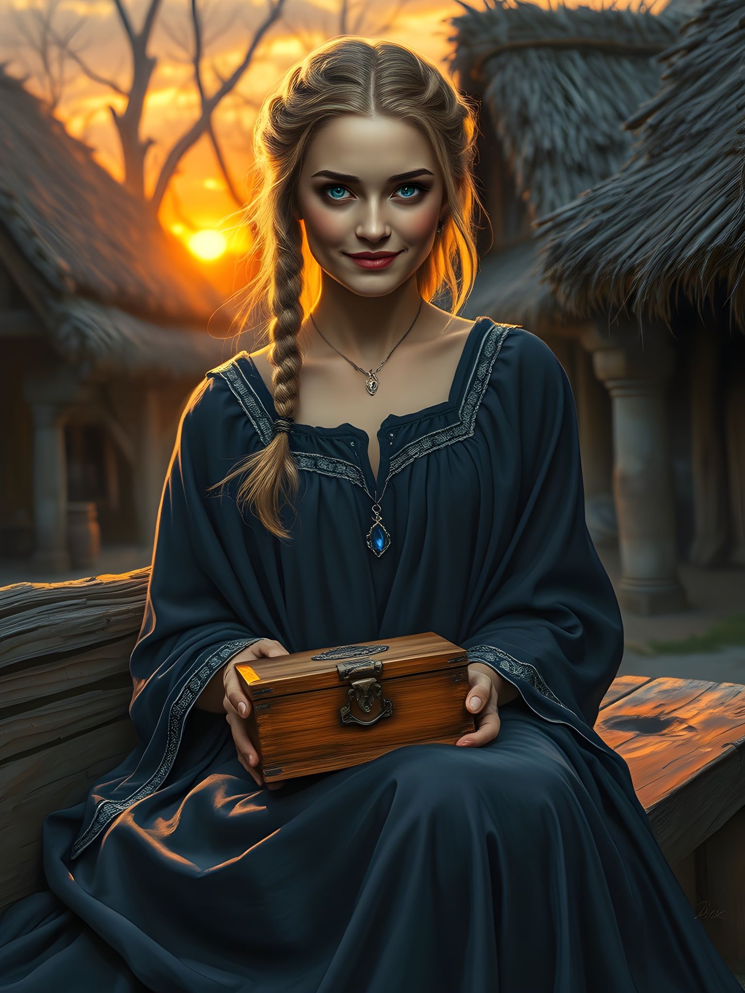 Norse Goddess in Village Green: Oil Painting