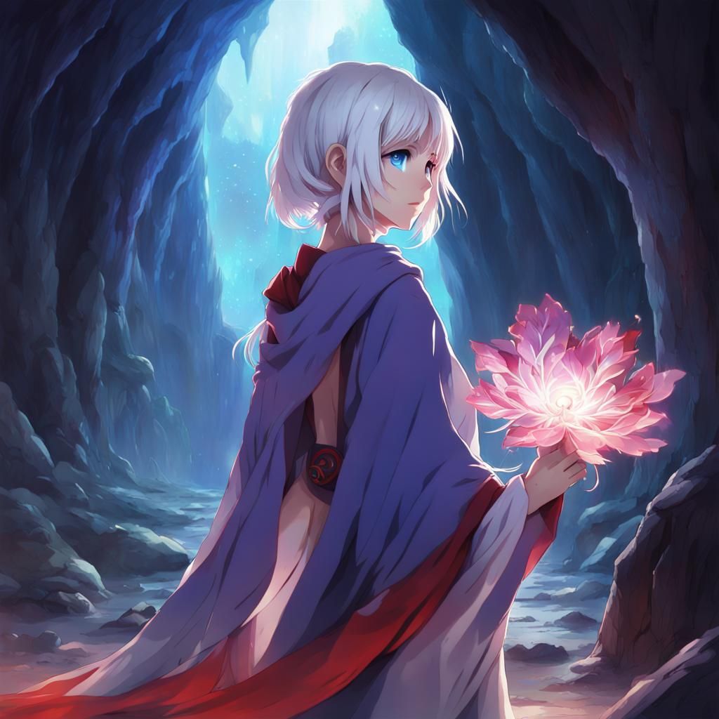 Bioluminescent Cave Explorer Girl in Anime Style