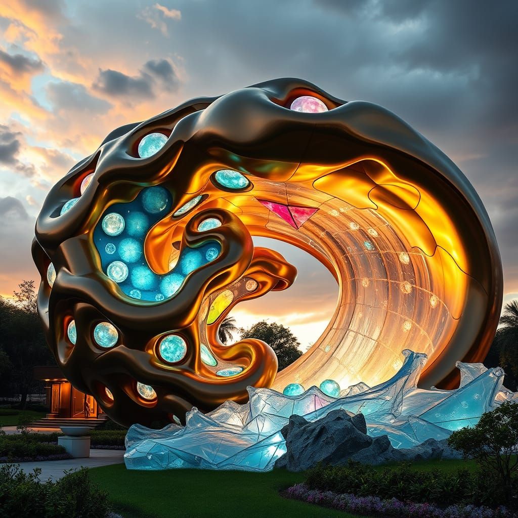 Surreal Sculpture of Glowing, Organic Forms in Polished Bron...