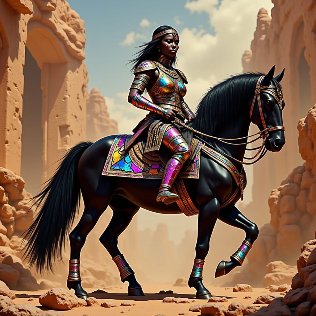 <lora:The Mash up:1.0> <lora:Sunstone Lattice:1.3> a warrior queen in armor made entirely from rainbow lattice sunstone ...