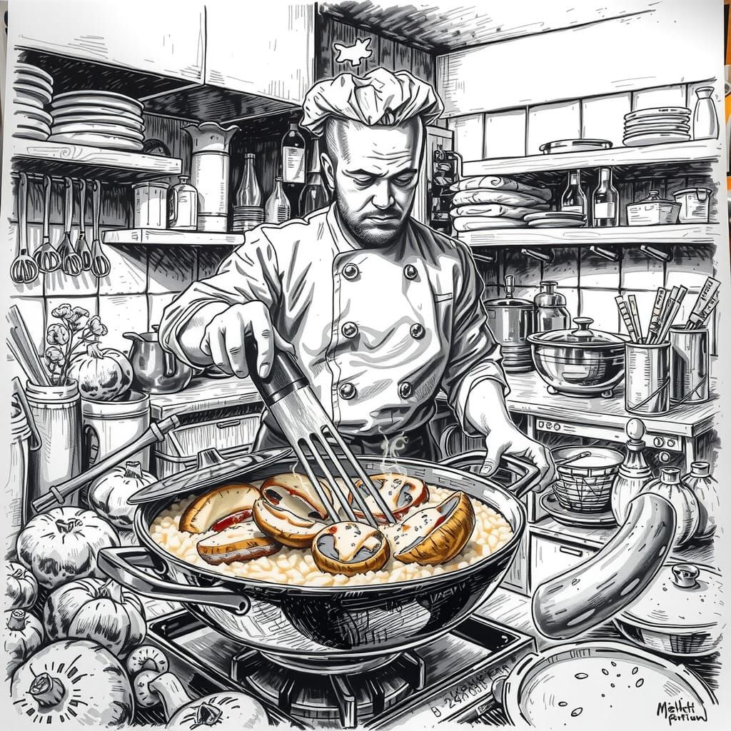 Chef Preparing Porcini Mushroom Risotto in Charcoal Drawing ...