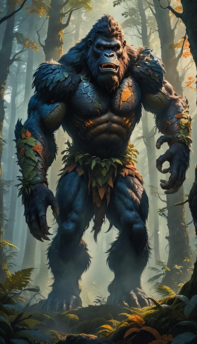 Half-Human Ape Creature in Misty Forest