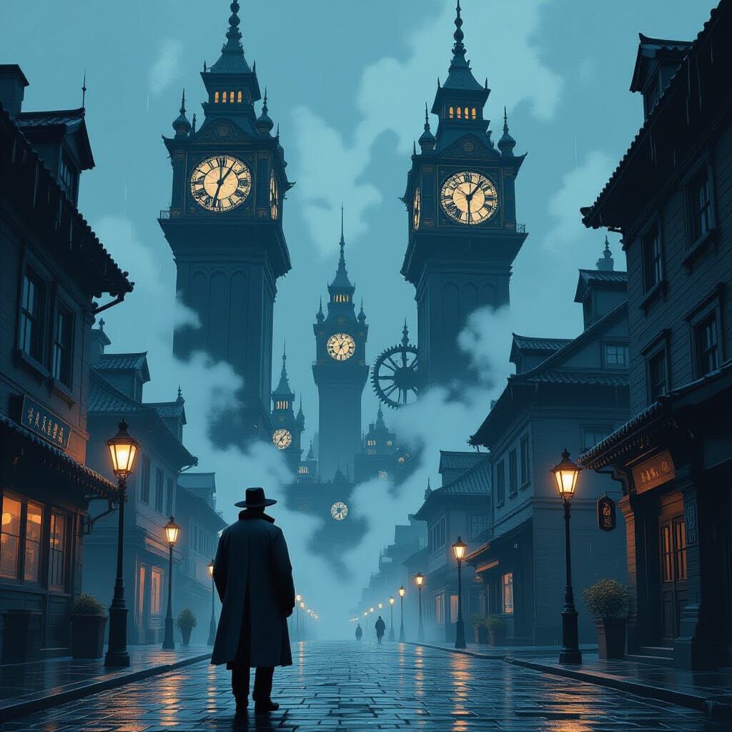 A lone figure in a worn trench coat stands on a rain-slicked...