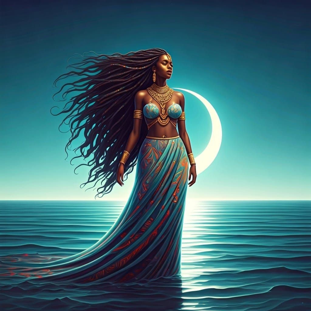 Afro-Caribbean Goddess of the Sea in Vibrant Afro-Surrealism