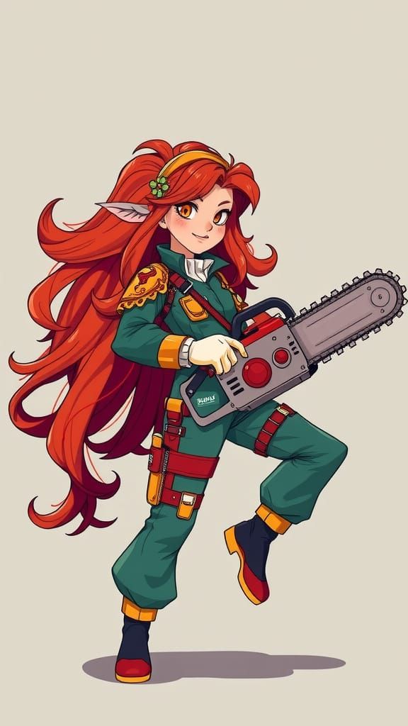 Fiery Redhead Persephone, Whimsical Warrior in Emerald Green