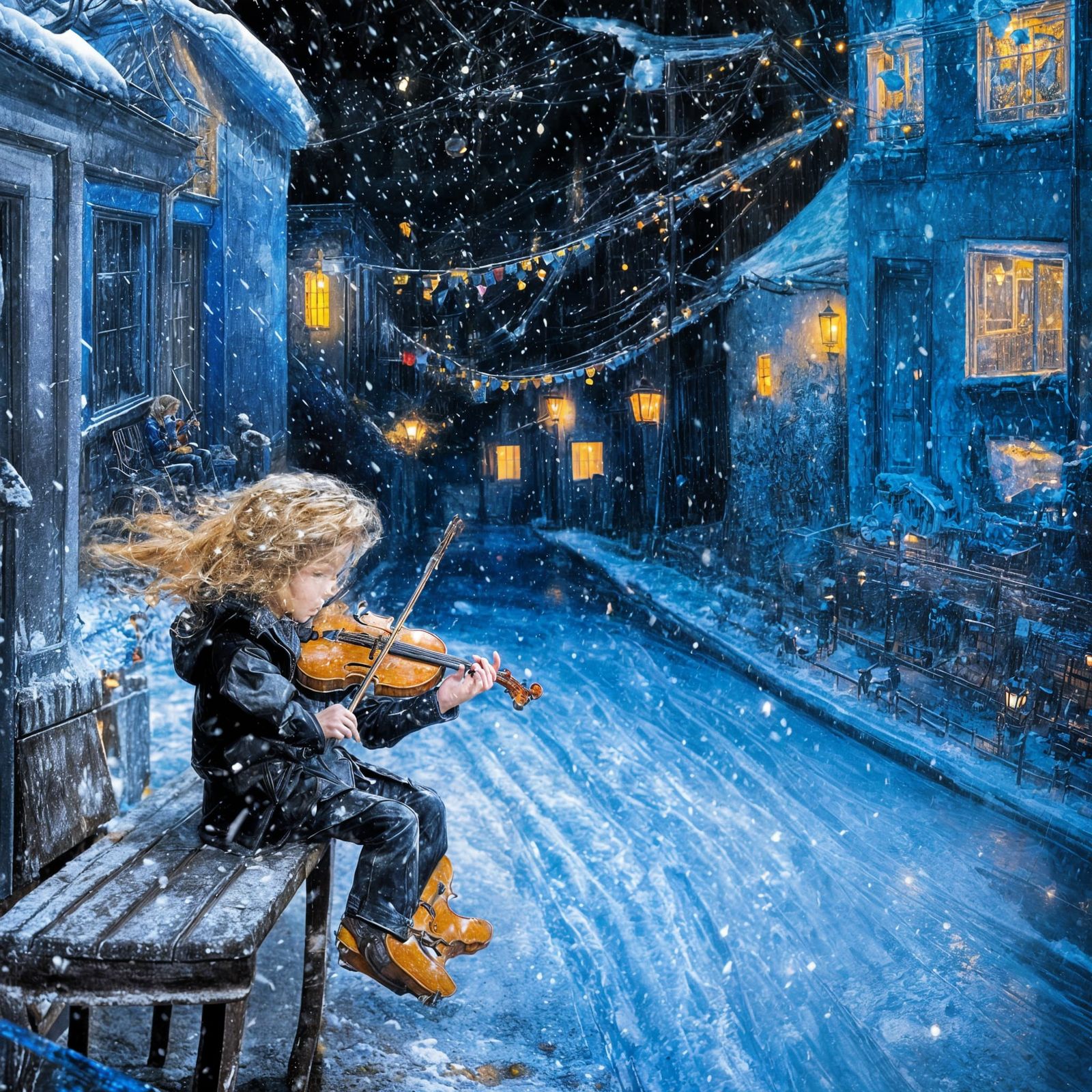 Boy Plays Violin in Snowy Alley Under Moonlight