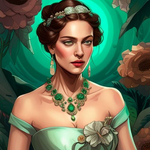 Jeweled Empress in Green Dress Amidst Flowers