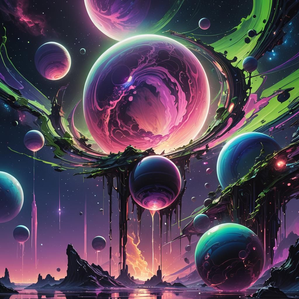 Plasma Dripping from Saturn's Moons in Surreal Style