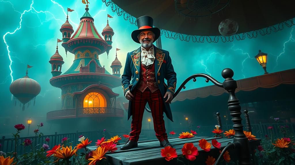Mystical Ringmaster in Surreal Steampunk Circus