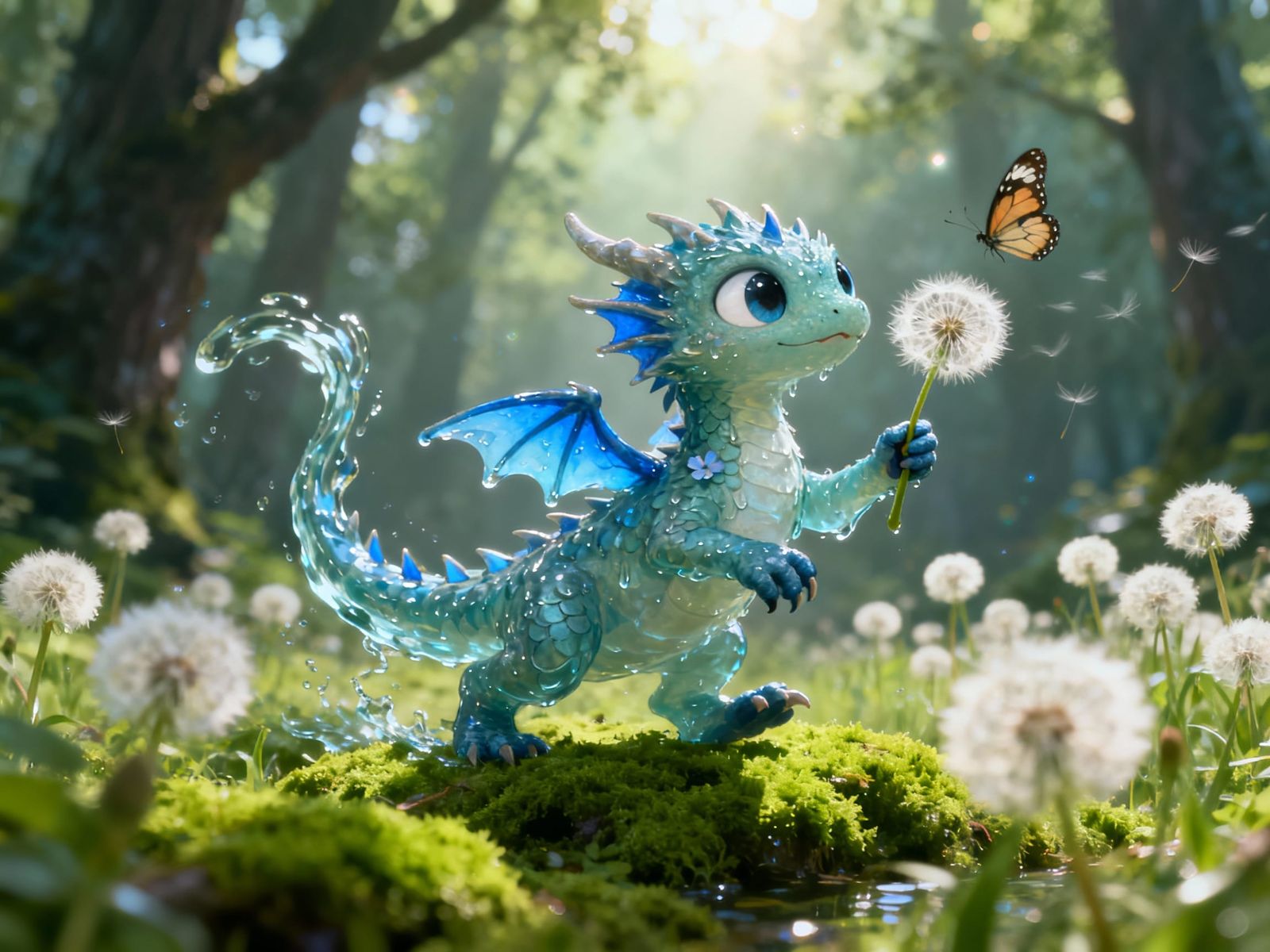 Water Dragon Chasing Butterfly in Magical Forest