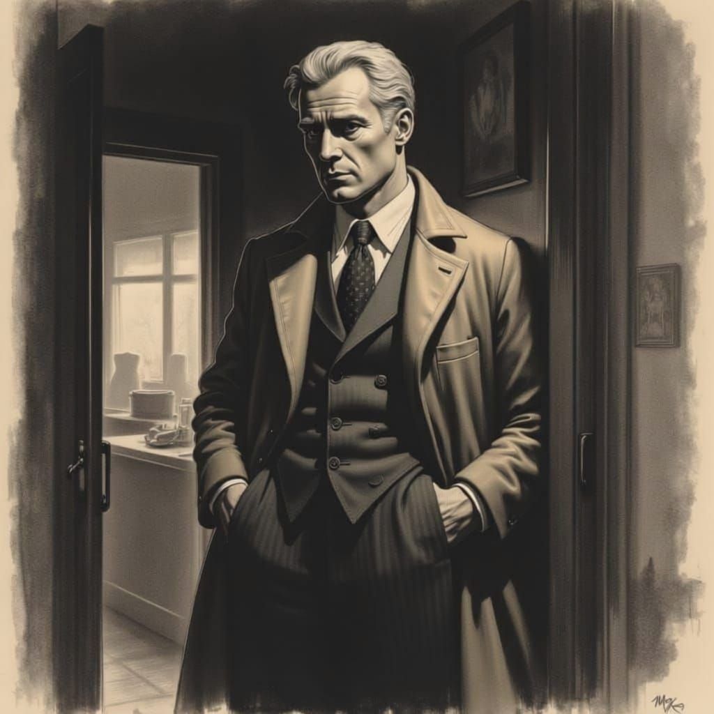 1930s Noir Detective in Office Charcoal Drawing