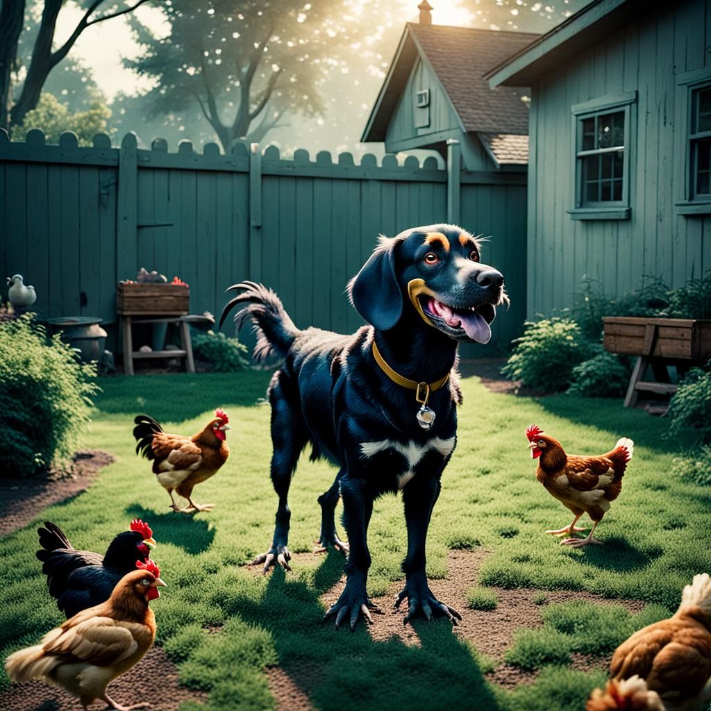 Pluto and Chickens in Yard: Cinematic Film Still