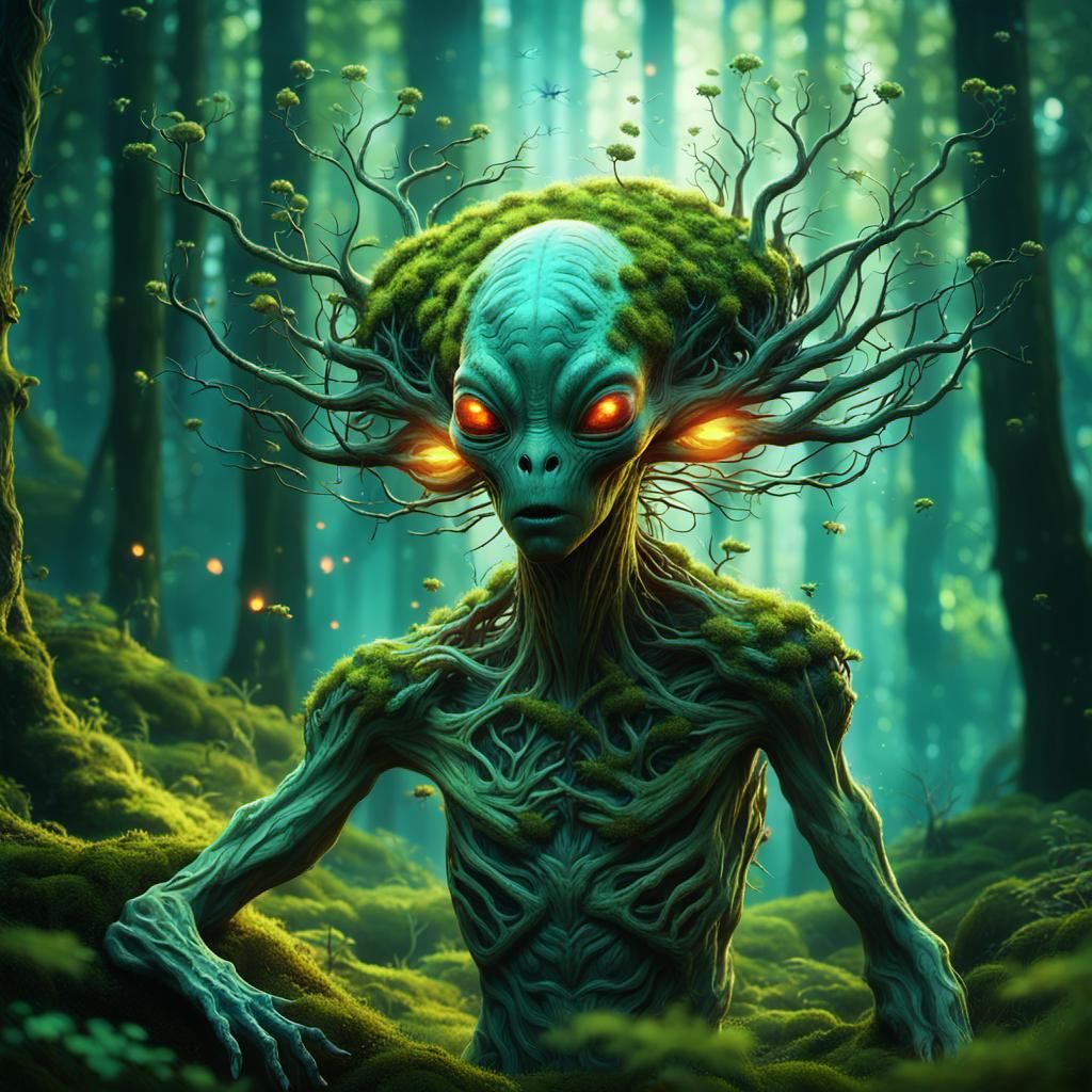 Whimsical Tree Alien Illuminates Lush Forest