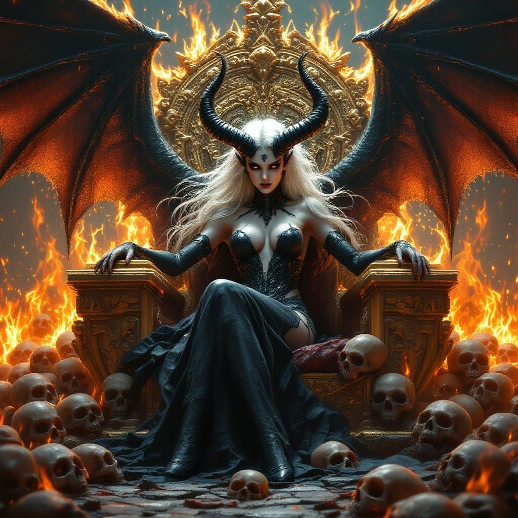 Queen of Hell: White-Haired Demon on Golden Throne